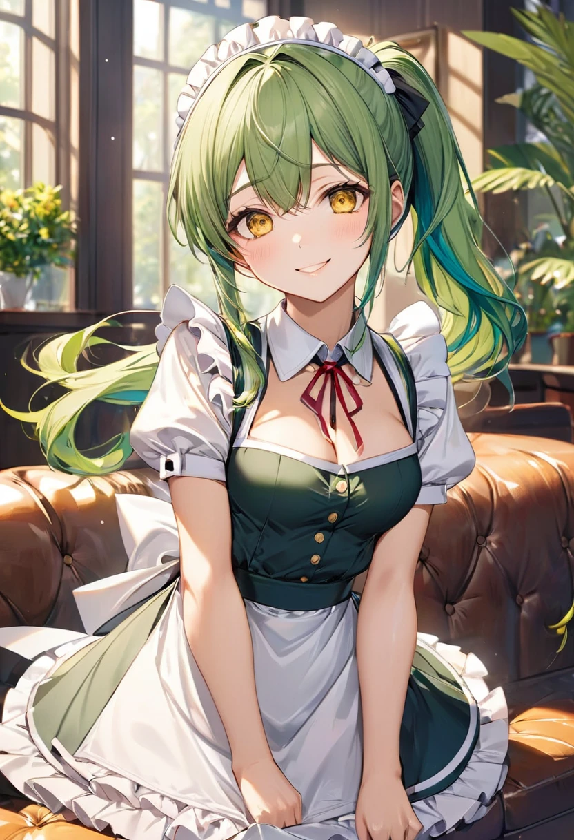 (talking style) (in a summer maid clothes), (solo:2, 15 yo ponytail green hair long hair cute fighter girl, cute yellow eyes, love smile, medium tits), break, in the lounge, BREAK, perfect ???????, masterpiece, best quality, 16k, beautiful detailed grow, daydreaming expression.