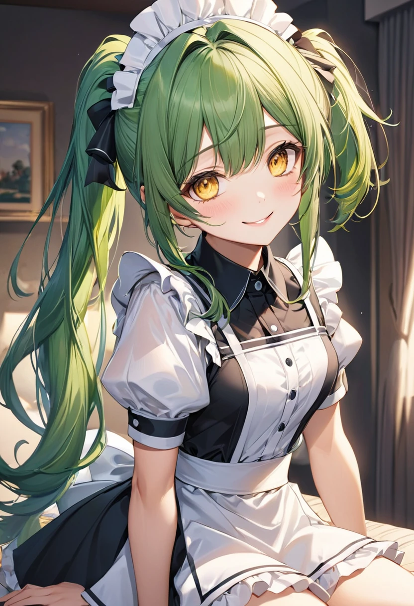 (talking style) (in a summer maid clothes), (solo:2, 15 yo ponytail green hair long hair cute fighter girl, cute yellow eyes, love smile, medium tits), break, in the lounge, BREAK, perfect anatomy, masterpiece, best quality, 16k, beautiful detailed grow, daydreaming expression.