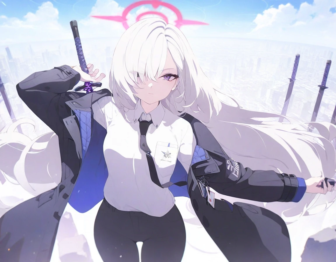 (Highest quality), (High resolution), (masterpiece), (Super detailed), (Highest quality), (High resolution), (masterpiece), (Super detailed), (Bright saturation), Thigh-length hair, White Hair, Heterogeneous eyes: purple left eye and blue right eye, Blue Archive Art Style, One girl, Swinging a black sword in his right hand, Left hand in pocket,  girl, (Black long coat, White shirt, Black tie, Black trousers, suit,) whole body, Countless swords of light are stuck in the ground., Magic circle in the background, Expressionless, Vivid saturation, Black halo