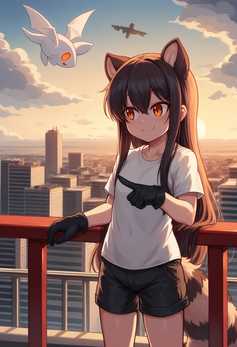 author：null-ghost,From raccoon21,
masterpiece,high quality,
Young face,flood,Single speaker,military uniform,Long hair,Orange eyes,Red Corner,Tail Guard,Gloves,Detail eyes,leather,
Smile,
Looking beyond,Look away,
ears back,Ears drooping,(ears backwards:1.55),
White shirt,t-shirt,
shorts,
Pointing class,paw,
permanent,
leaning against the railing,
balcony,
City,Cityscape,sky际线,sky,dusk,橙色的sky空,cloudy sky,cloud,sun,