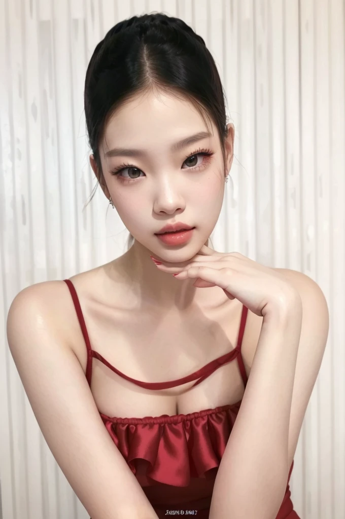 Close-up of a woman in a red dress posing for a photo, Jennie from blackpink girl group 