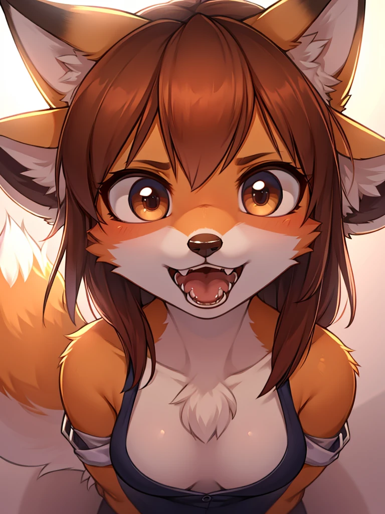 focus face , front view , from above , female fox , Look Up , open mouth , (Gargle) , Betadine