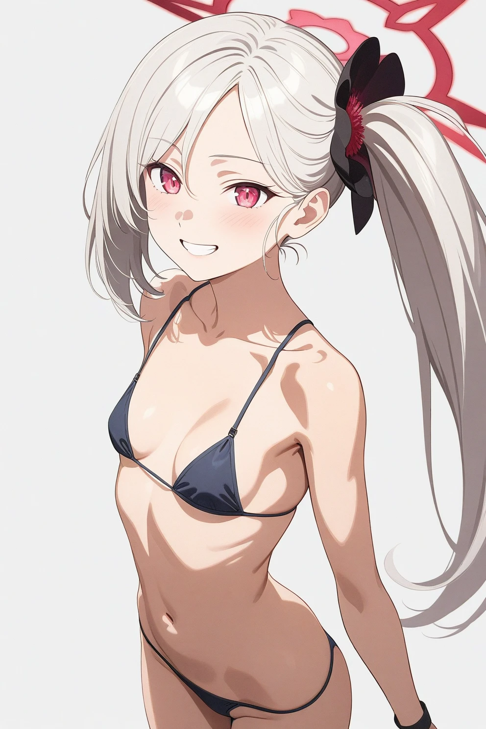 best quality, amazing quality, very aesthetic, absurdres, (1girl, mutsuki, blue archive, solo, red eyes, white hair, side ponytail), (artist official art:1.5), (realistic face:0.7), (grin, lowleg bikini, ), (cowboy shot), (glowing eyes:1.3), (half closed eyes:0.9), (thigh), expressive eyes, perfect face, 4k, extremely detailed anime illustration, extremely detailed eyes, perfect anatomy, light rays, extremely delicate body, smooth skin, (gray background:1.5), clear eyes, beautiful face, small breasts, (Chiaroscuro:1.5),  (highres:2), cinematic
