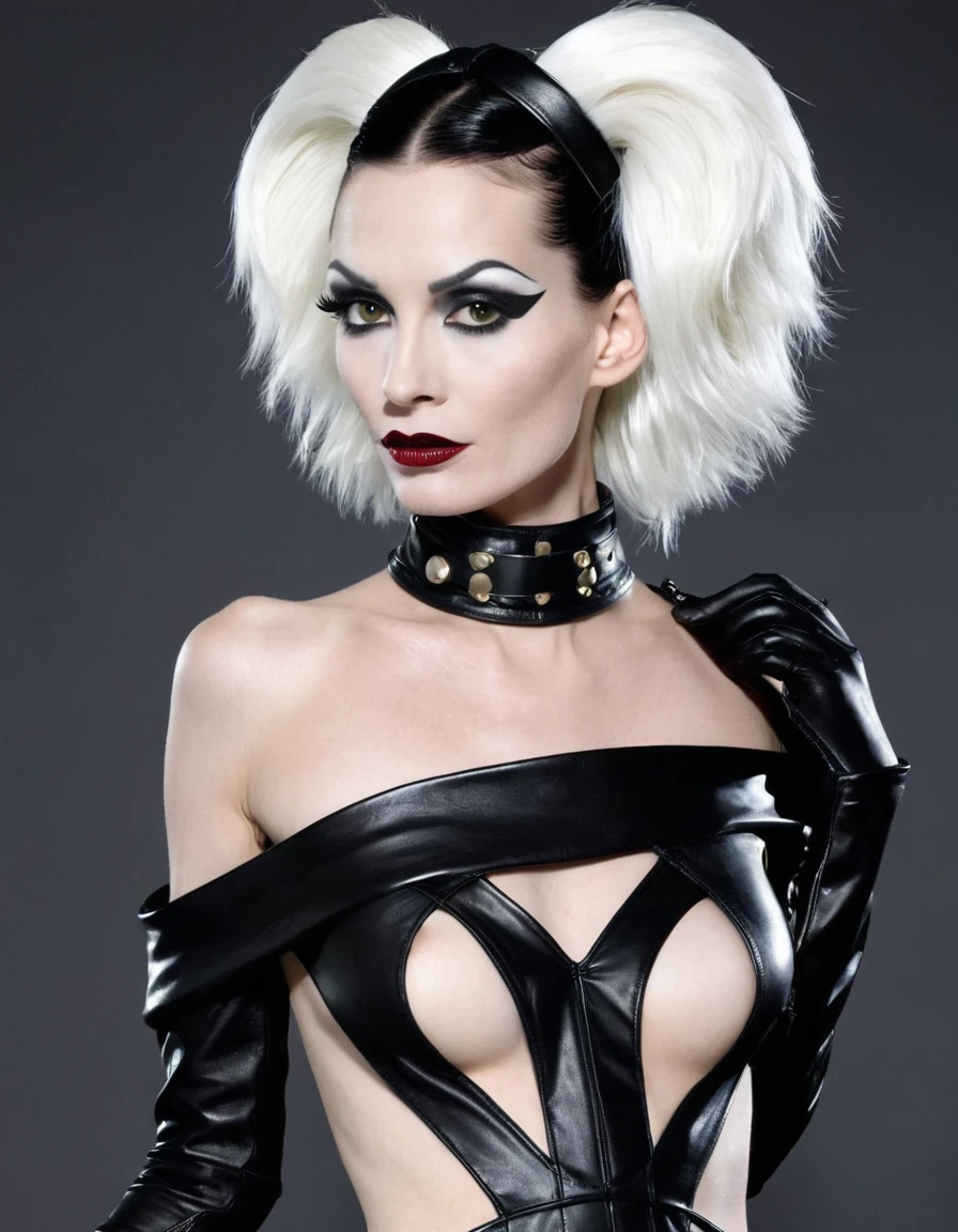 Very thin. Naked sexy Cruella de ville in bdsm style. Leather, latex.