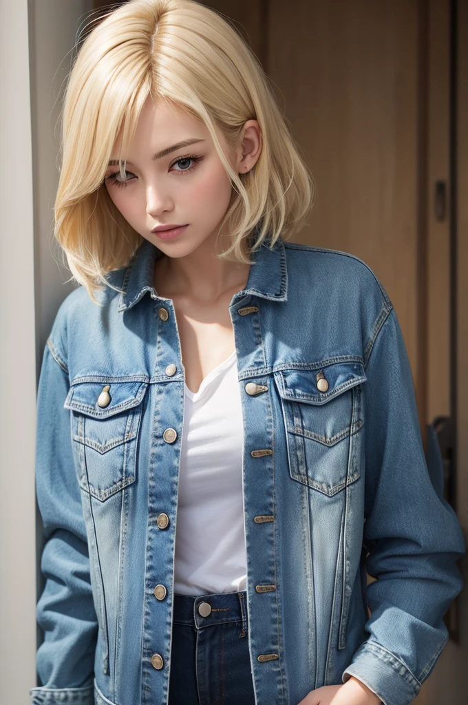 30-year-old woman in a denim jacket and blonde hair