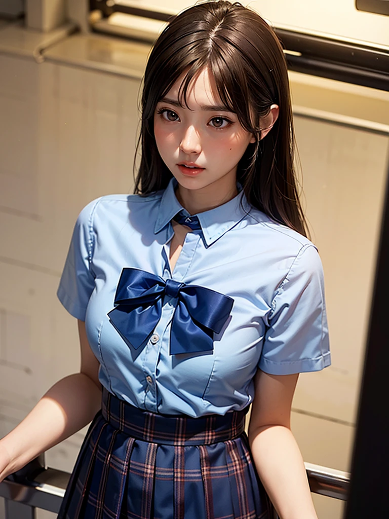 master piece, extremely detailed, high resolution,Makoto Shinkai style、high school girl、1 girl、Upper body only、Short-sleeved shirt、Blue bow tie、Glossy, plump lips、Shiny Hair、Brown Hair、Long Straight Hair、Mid-chest、Narrow waist、Checkered mini skirt、Climbing an escalator、Backwards、Looking up from below、Skirt is held back、Panties are visible under the skirt、Embarrassed look、Looking at me shyly、Red cheeks、