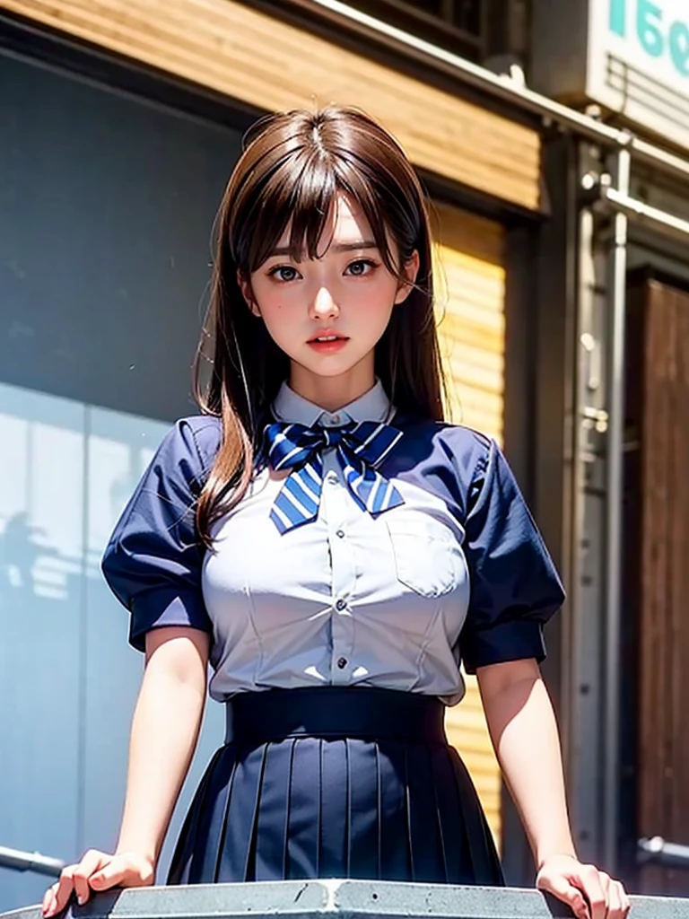 master piece, extremely detailed, high resolution,Makoto Shinkai style、high school girl、1 girl、Upper body only、Short-sleeved shirt、Blue bow tie、Glossy, plump lips、Shiny Hair、Brown Hair、Long Straight Hair、Mid-chest、Narrow waist、Checkered mini skirt、Climbing an escalator、Backwards、Looking up from below、Skirt is held back、Panties are visible under the skirt、Embarrassed look、Looking at me shyly、Red cheeks、