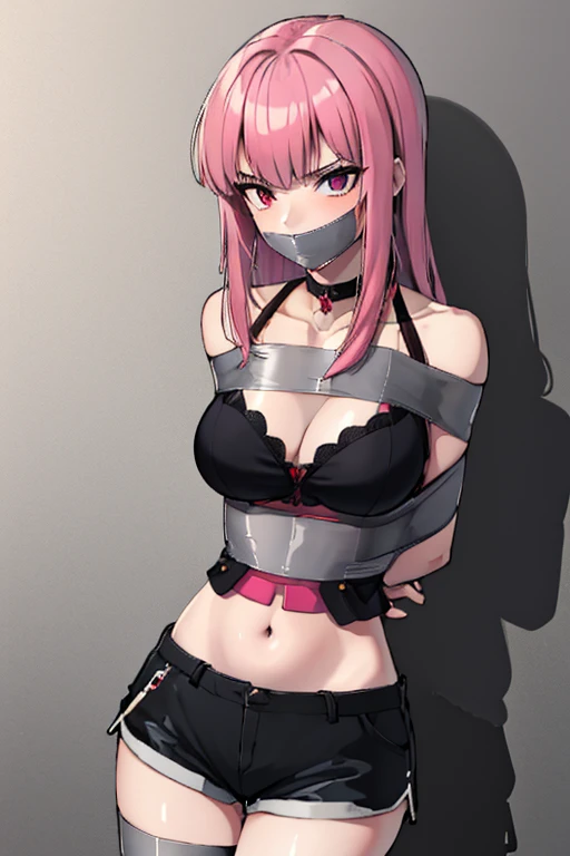 (absurdres, 8k, 4k, masterpiece, hyper extreme detailed:1.2), solo, 1girl, front view, portrait, best quality, perfect face, 1girl, portrait, solo, standing, Female, toned body, mature female, EJP breasts, , long hair, delinquent, sarcastic, swept bangs, midriff, exposed collarbone, exposed left shoulder, standing up, half body, shorts, bound, bondage, (arms behind back:1.4), bdsm, tape gag, tape, tape bondage, restrained, tape wrapped, wrap gag, bondage, taped wrists, taped breasts, taped mouth, taped elbows, taped forearms