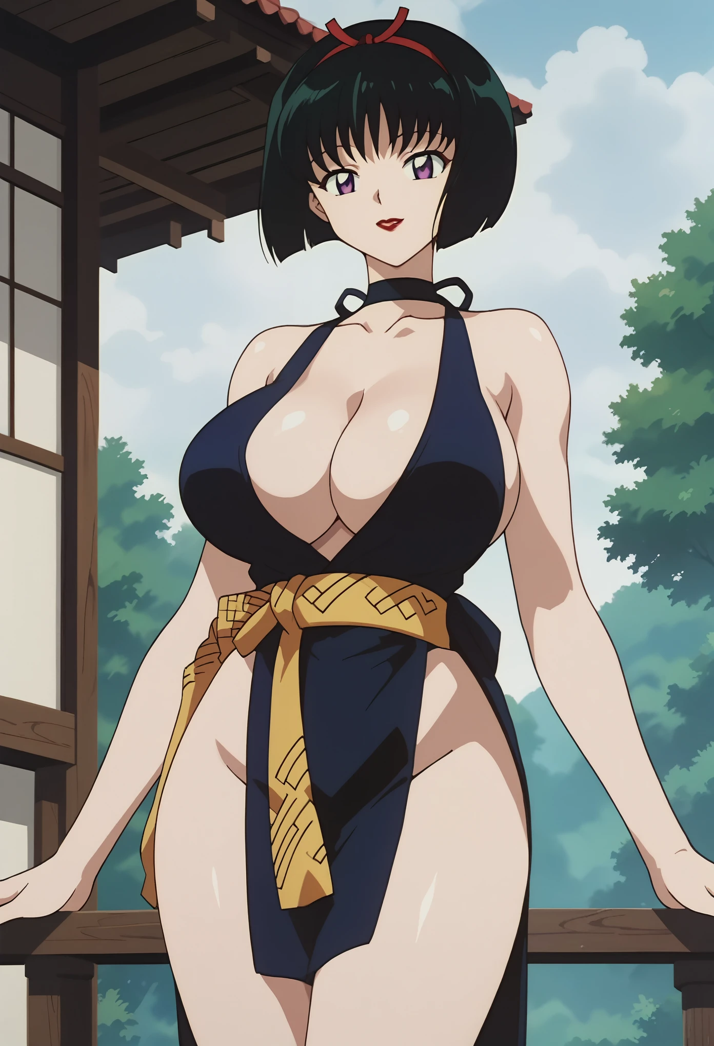 score_9, score_8_up, score_7_up, source_anime, best quality, masterpiece, rating_explicit, uncensored, 1990s (style), anime screencap, megami magazine, BREAK, SAKASAGAMINOYURA, 1GIRL, huge breasts, cleavage, BLACK HAIR, HAIR BAND, BOB_CUT, PURPLE EYES, CHOKER, SLEEVELESS,BLACK  SHORT KIMONO, pelvic curtain, red lip, outdoors, looking at viewer, smile