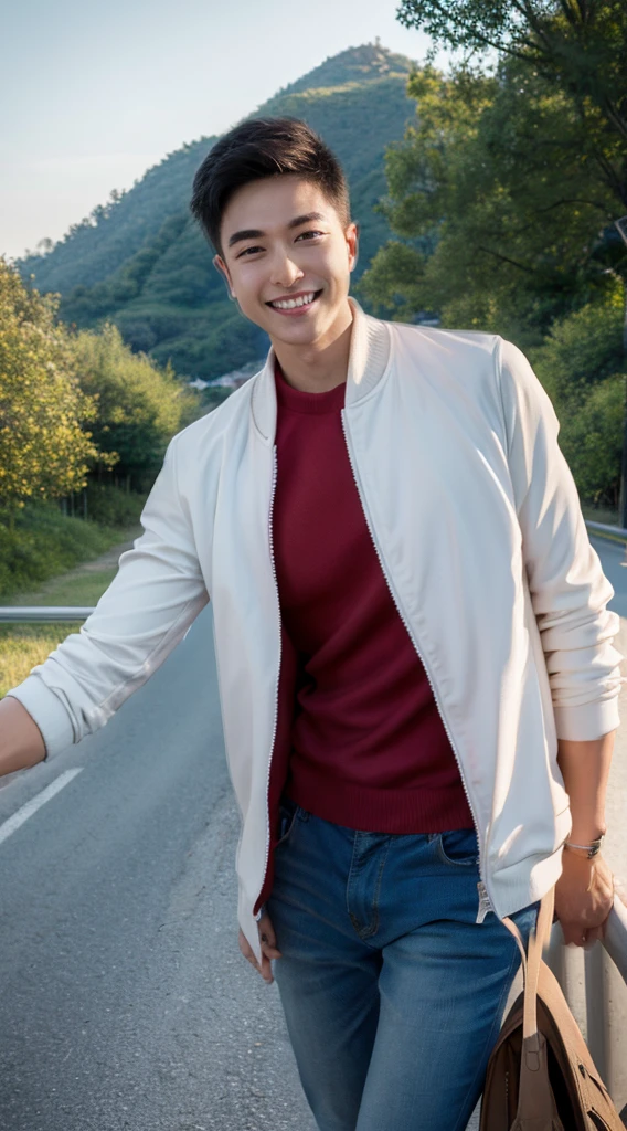 Masterpiece, best quality best, ung man, Asian man, East Asian people, one person, The muscles are in good proportion., Posing obscenely, short hair details,smile, white teeth, jacket set, road background, Realistic style,photography,Can be seen from the front, see viewers