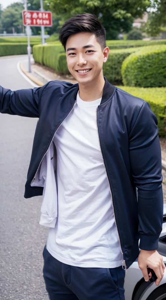 Masterpiece, best quality best, ung man, Asian man, East Asian people, one person, The muscles are in good proportion., Posing obscenely, short hair details,smile, white teeth, jacket set, road background, Realistic style,photography,Can be seen from the front, see viewers