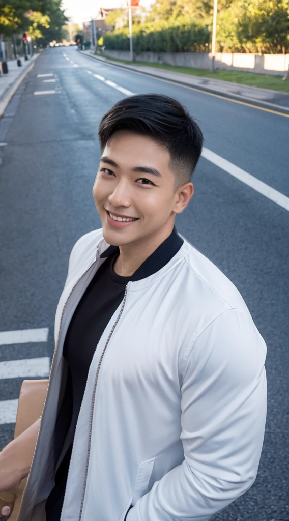 Masterpiece, best quality best, ung man, Asian man, East Asian people, one person, The muscles are in good proportion., Posing obscenely, short hair details,smile, white teeth, jacket set, road background, Realistic style,photography,Can be seen from the front, see viewers