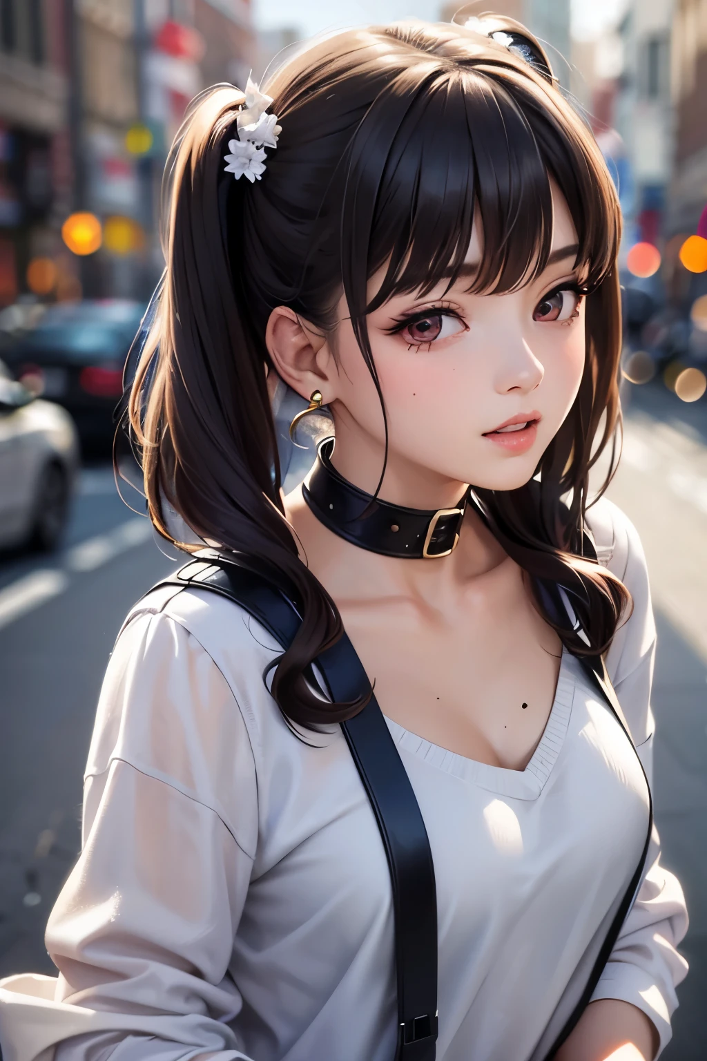 masterpiece, best quality, highly detailed, high resolution, expensive resolution, high resolution, 4K, 8k, Unity 8k wallpaper, highly detailed CG, masterpiece, 2D, 3D, beautiful details, depth, fine texture, best quality: 1.3, perfect focus, crispy skin, him, very cute, one 20-something girl, before a date with him, enjoying fashion, short twin tails, mole under eye, looking at the viewer, expensive, blush, mole, parted lips, heart, pink eyes, choker