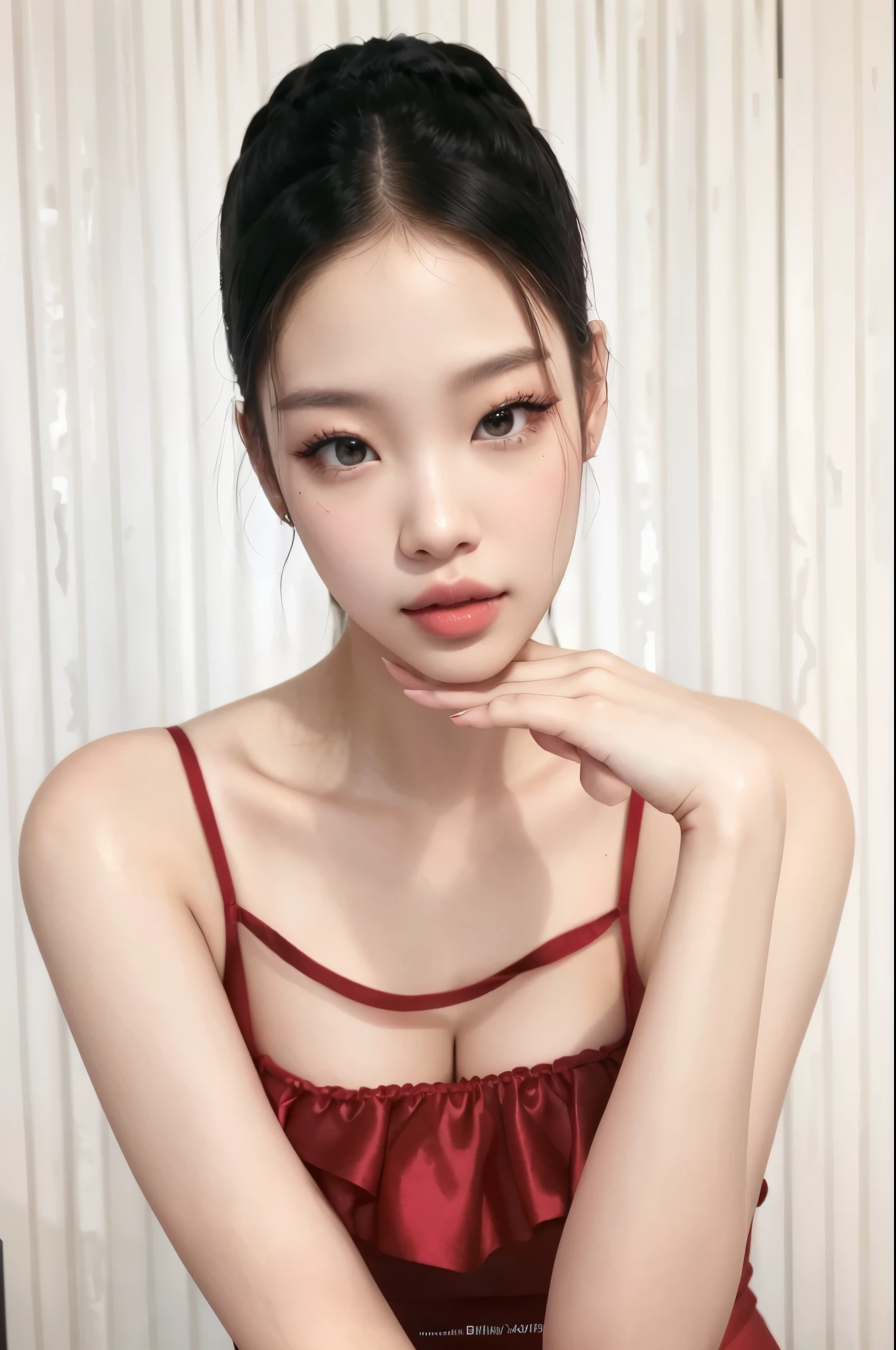 Close-up of a woman in a red dress posing for a photo, Jennie from blackpink girl group