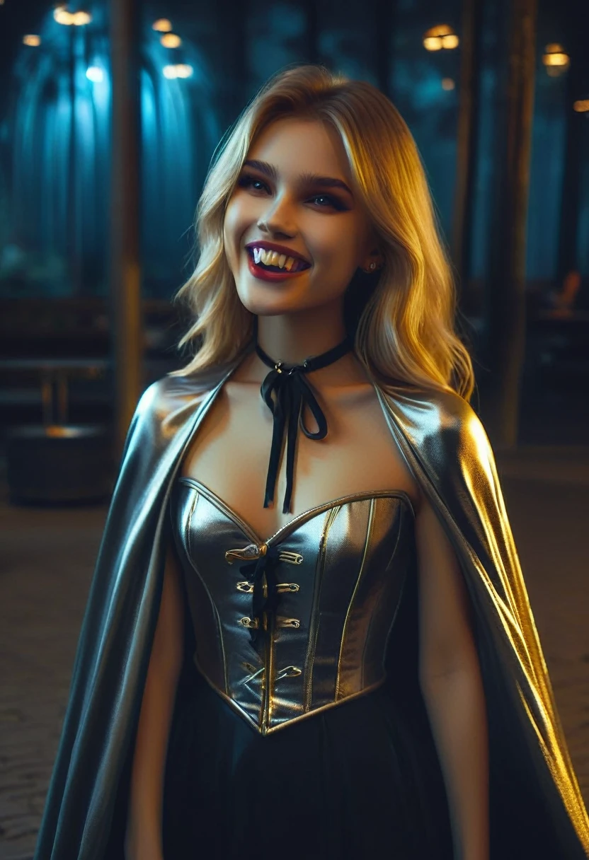 Vampyfangs1,(RAW photo) , 1girl, cute, 20 years old, long blonde hair in ponytail, smiling, look at viewer, ((((silver and gold lined satin cape tied at the neck)))+++, side spilt skirt , photo, realistic, best quality, hires, detailed face, detailed background, diffused lighting, depth of field, bokeh