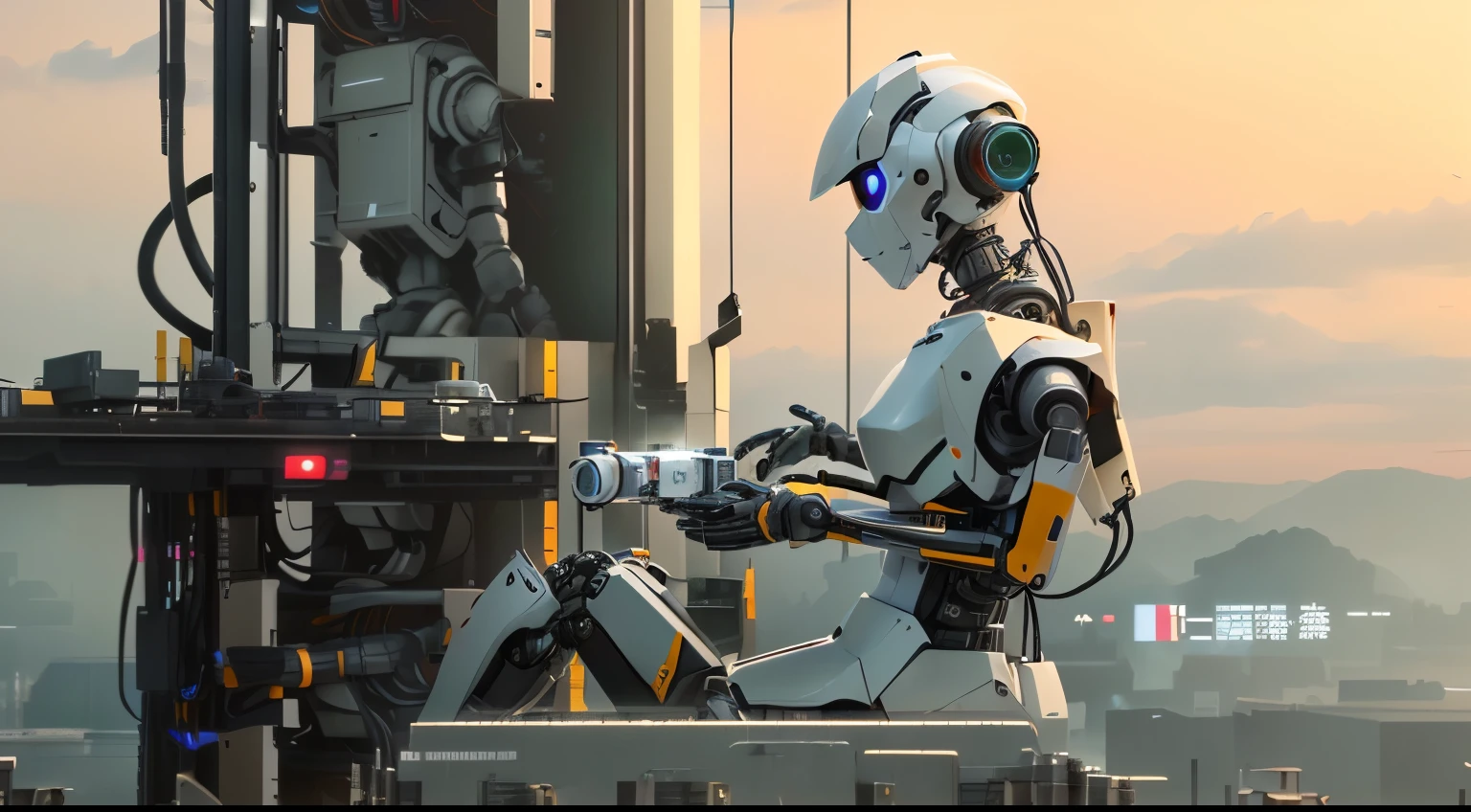 There is a robot standing on a base station signal tower,With a camera, robot in construction, Robots lurking in the background, robot monster in background, Robots in the data center, Highly detailed visual effects scene, stunning vfx, Visual Effects Close-up, Close-up shot of sitting down, Endless collaboration with artificial intelligence, Highly detailed visual effects, Machines and the future