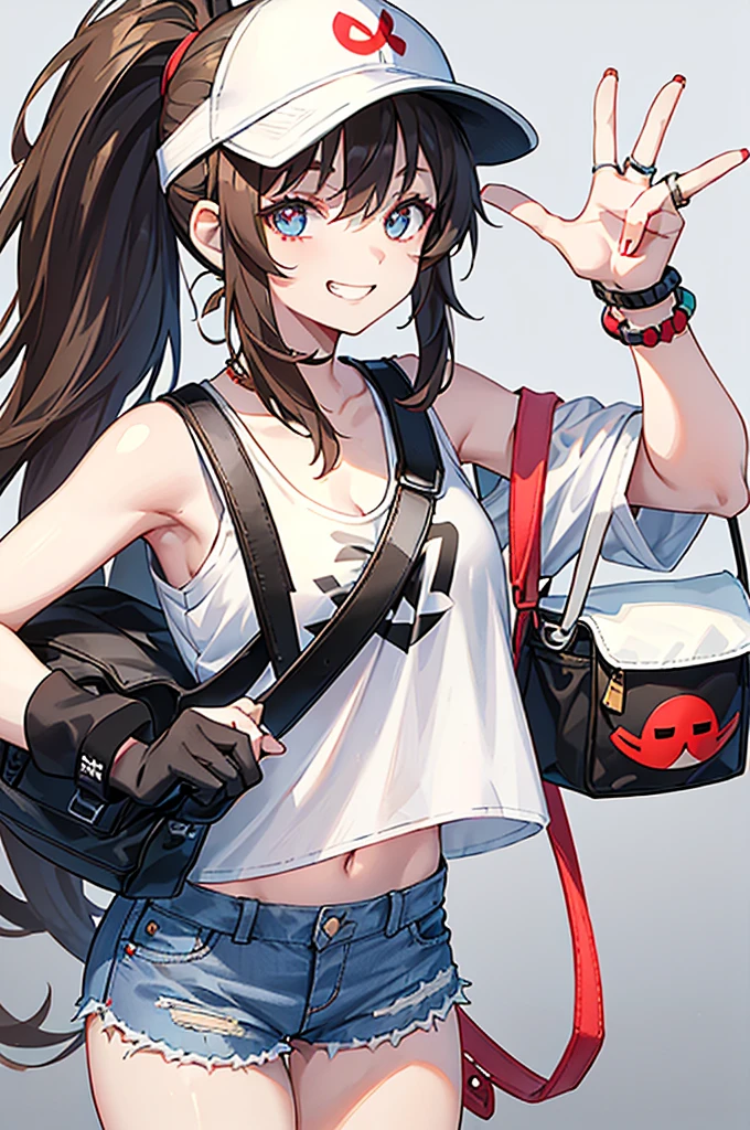 This character is a young girl with long brown hair tied in a high ponytail. She wears a white cap with a red symbol, a white tank top, a black sleeveless jacket, ripped denim shorts and black bracelets. She also has a gray shoulder bag. Her eyes are big and blue, and she makes a peace sign with her left hand, while smiling.