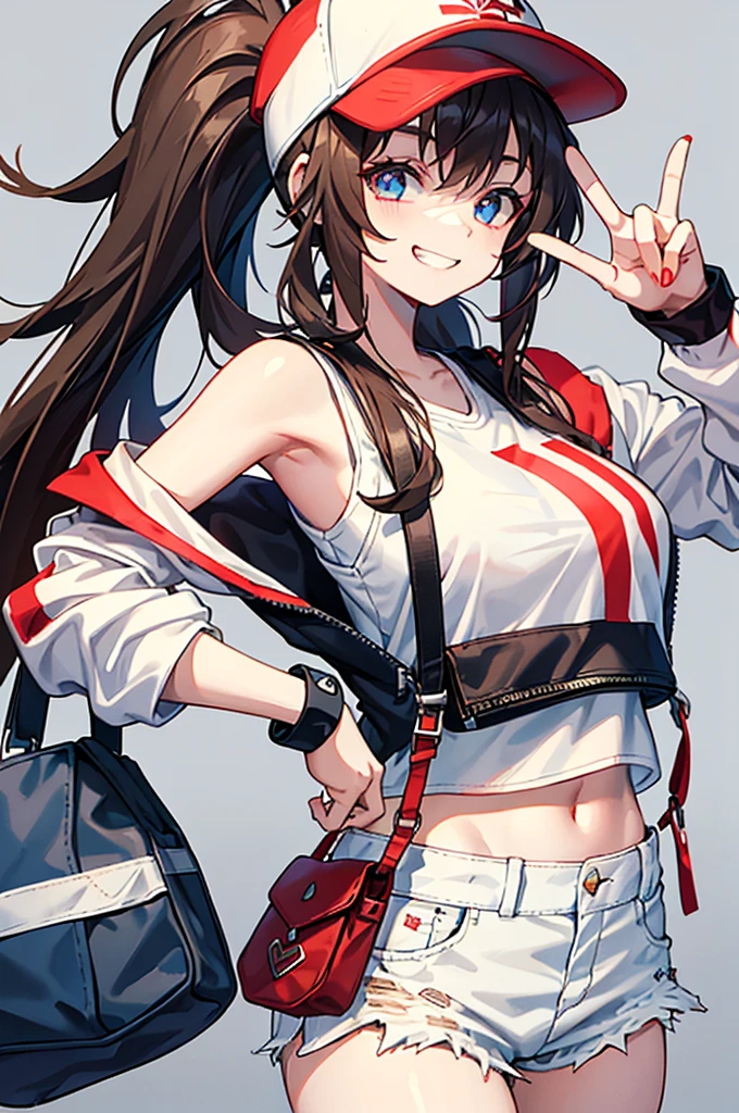 This character is a young girl with long brown hair tied in a high ponytail. She wears a white cap with a red symbol, a white tank top, a black sleeveless jacket, ripped denim shorts and black bracelets. She also has a gray shoulder bag. Her eyes are big and blue, and she makes a peace sign with her left hand, while smiling.