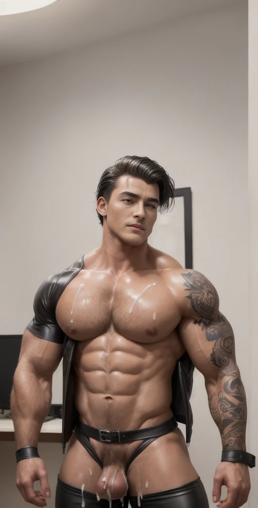 (masterpiece, intricately detailed, highest resolution, best quality:1.2), (doujin), a cocky Peter Parker person, a 24 y.o muscle stud with a muscular physique sitting on a chair with black eyes,dark-skinned male, ((tattoo)), wearing a ((open jacket, bondage outfit, tuxedo, leather pants)), ((excessive cum)), ((cum on body)), ((cum drip)), flaccid penis,saggy balls,hairy chest,vascular,muscle striations,soft light,fantastic realism,