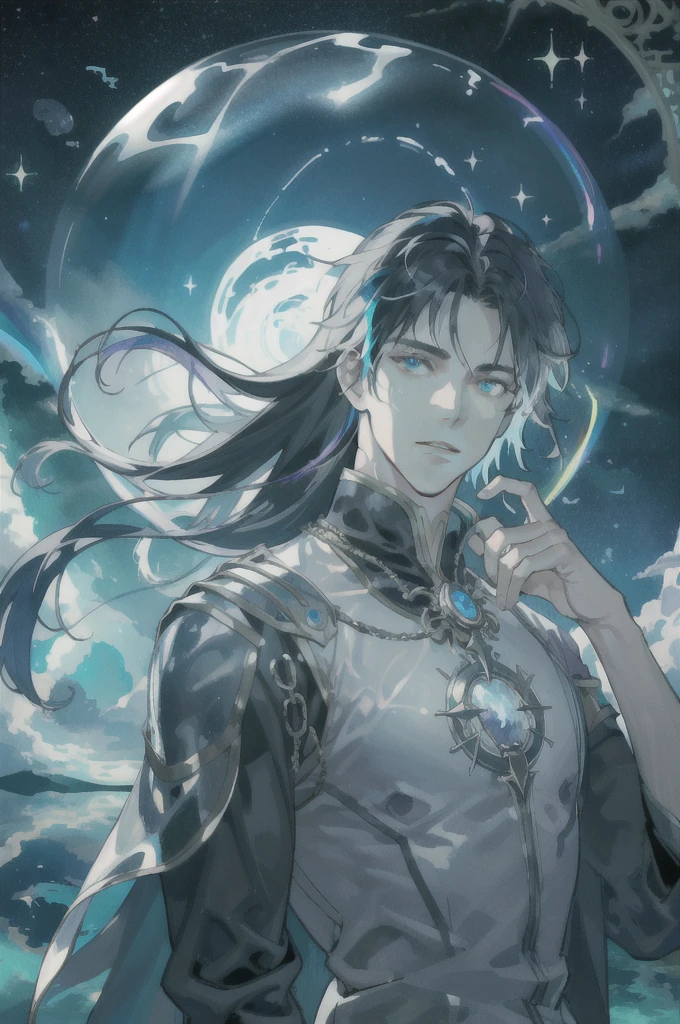 masterpiece, best quality, 1 male, adult, mature, tall muscular guy, Dark theme, Magic circle, bubble, rainbow Sunlight, Underwater, Reflected mirror, floating piece of Glass, Rainbow light, Bubble Swirling, wind Swirling, Aurora, fantasy scenery, Starlight around the character, (upper body)