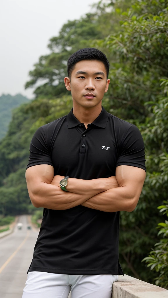 Thai man ,man,He is about 30 years old.,Rough and handsome appearance,Big muscleuscleหน้าอกขนาดใหญ่,(black polo shirt park:1.3),Big waistline,chest hair,sitting on the roadside,Wearing the tongs,buzz cut, angry, sullen, best quality, Masterpiece,(outdoor background road :1.5),(Have muscles:4.5),(fat:1.5),(gray hair:1.5 ),(gray body hair:1.5),(skin wrinkles:1.5),(shine on the skin:1.5),(best quality,High resolution,Masterpiece:1.2),The eyes are natural and delicate.,1 person,alone,gay asian,muscle,Long legs,brave,short hair details,conjunctivitis ,stalwart,brown eyes,In the swimming pool,