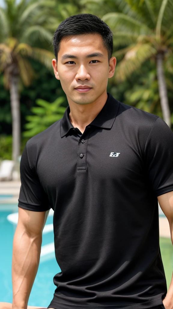 Thai man ,man，He is about 30 years old.，Rough and handsome appearance，Big muscleuscleหน้าอกขนาดใหญ่，(black polo shirt park:1.3)，Big waistline，chest hair，sitting on the roadside，Wearing the tongs，buzz cut, angry, sullen, best quality, Masterpiece，(outdoor background road :1.5)，（Have muscles：4.5），（fat：1.5），（gray hair：1.5 ），（gray body hair：1.5），（skin wrinkles：1.5），（shine on the skin：1.5），(best quality,High resolution,Masterpiece:1.2),The eyes are natural and delicate.,1 person,alone,gay asian,muscle,Long legs,brave,short hair details,conjunctivitis ,stalwart,brown eyes,In the swimming pool,