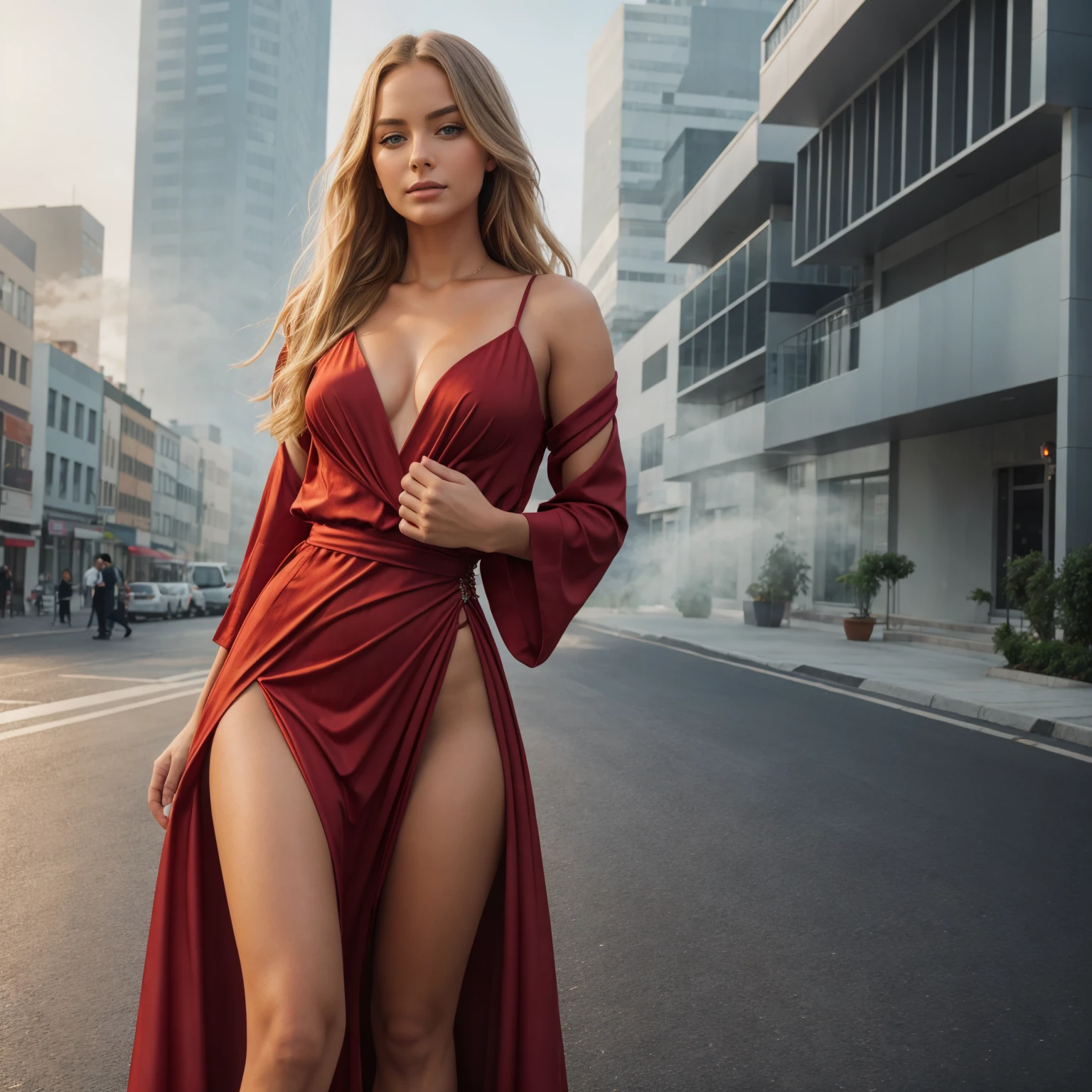 professional portrait photograph of a gorgeous 18 year,Norwegian girl Lise Olsen in arab with long wavy blonde hair,blue eye,happy,sultry flirty look, gorgeous symmetrical face, cute natural makeup, ((wearing red slit gown)), ((standing )), stunning modern urban environment, ultra realistic, concept art, elegant, highly detailed, intricate, sharp focus, depth of field, f/1. 8, 85mm, medium shot, mid shot, (((professionally color graded))), bright soft diffused light, (volumetric fog), trending on instagram, hdr 4k, 8k