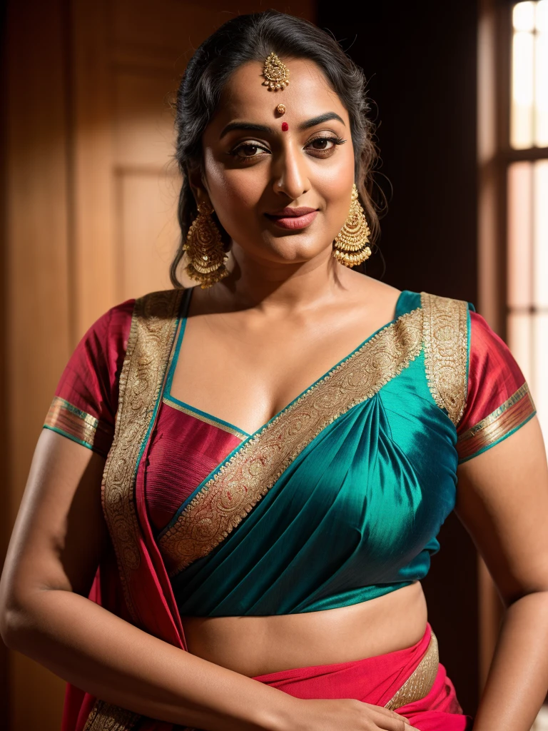 Foto RAW, photorealistic, photography, full body shot, 50 years old Woman, master shot, perfect eyes, goddess like beauty, pierced eyes, perfect thick chubby mallu Desi aunty bhabhi, Wearing a Stanapatta, a chest-band.Saree model, model Photography, Indian saree shoot, Indian traditional wear advertising photography, traditional wear brand shoot, face of Indian actress Sonakshi Sinha, masterpiece, realistic, realism, incredible details, pleasure, photorealism, detailed skin, skin pores, high contrast, photorealistic Artstation 8k HD digital art trend of high definition and detailed realistic skin texture, ultra detail, realistic skin texture, armature, best quality, ultra high definition, (photorealistic:1.4),, high resolution, detail, raw photo, sweat, Re sharp, by Lee Jefferies Nikon D850 Film Stock Photo 4 Kodak Portra 400 Camera F1.6 Lens Rich Color Ultra Real Realistic Realistic Textures Dramatic Lighting Unreal Engine Trending at Art Station Cinestill 800,(pele altamente detalhada: 1.2), 8k UHD, DSLR, soft-lighting, alta qualidade, grain of film, Fujifilm XT3,she didn't like to wear blouse or bra, she is happy to wear only saree, she hates blouse or bra, detailed hairy armpits, hyper realistic skin, skin pores, sweat, veins,