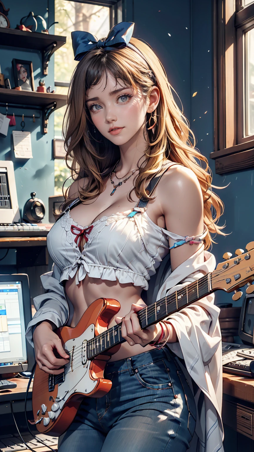 (8K, RAW Photos, Highest quality, masterpiece:1.2), (Realistic, photo-Realistic:1.37)、19-year-old Caucasian female、Blonde、Wear off-the-shoulder tops、I can see my belly button、Wear low rise skinny jeans、ager's room(((Cute accessories)))、(((computer)))、The wall is pastel blue、(((play the guitar)))、smile、hair band((hair ribbon))、play the guitar
