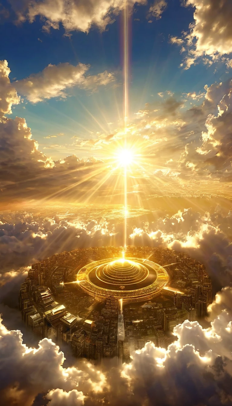 空に向かって上昇するgod秘的な都市、Digital Art, The clouds clear and the shining sun appears, Ascension Day,Golden Sun、Sky City、god々Utopian、There is one relic。