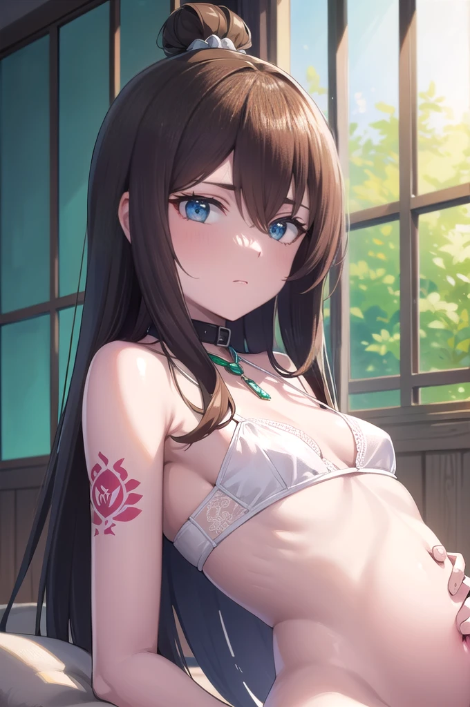  meiterumi, mei terumi, long hair, brown hair, (green eyes:1.5), topknot, hair covering one eye,
Wedding dress, bare shoulders,sandals, fishnets,
BREAK cowboy shot, looking at viewer, 
BREAK indoors,
BREAK (masterpiece:1.2), best quality, high resolution, unity 8k wallpaper, (illustration:0.8), (beautiful detailed eyes:1.6), extremely detailed face, perfect lighting, extremely detailed CG, (perfect hands, perfect anatomy),Wearing a dog collar, Naughty tattoo on the belly , childhood,  ,, small breasts, pregnancy 