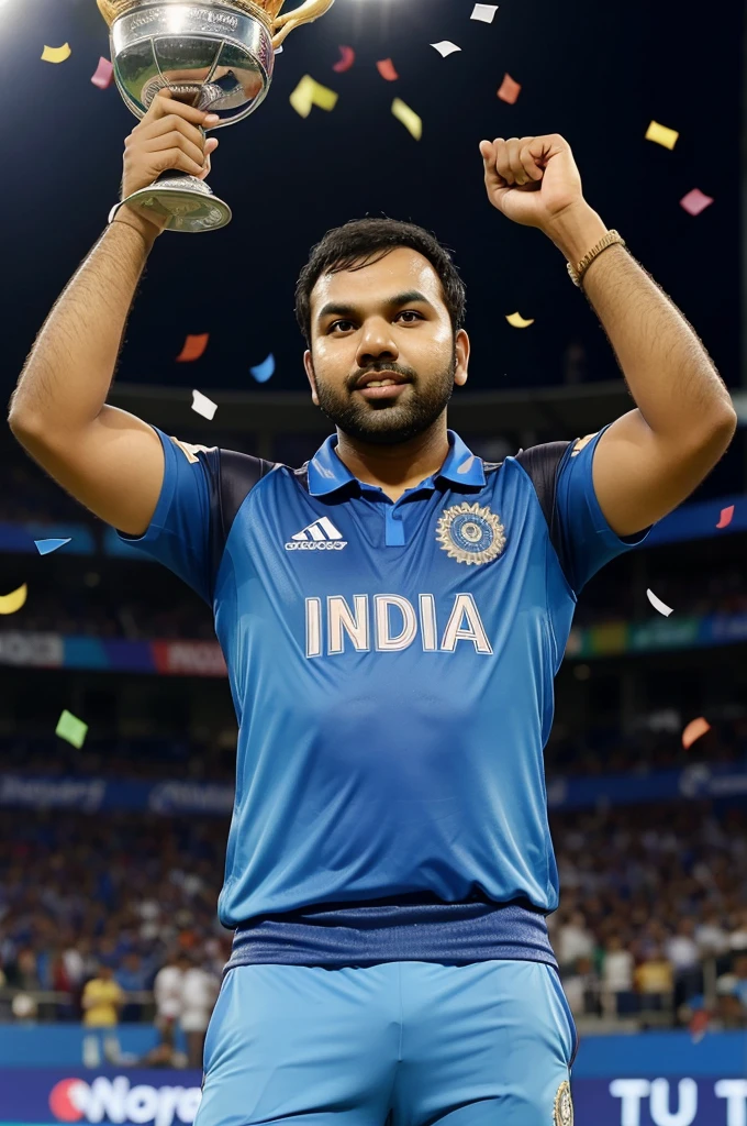 Create an image of Rohit Sharma, the Indian cricketer, standing on the podium at the T20 World Cup 2024 final. He is smiling broadly and holding up a beautiful silver trophy with both hands. The trophy has the T20 World Cup logo engraved on it. Rohit Sharma is wearing the Indian cricket team's blue jersey with the team logo and sponsors visible. The background shows a cheering crowd and stadium lights, with confetti falling around him, highlighting the celebratory