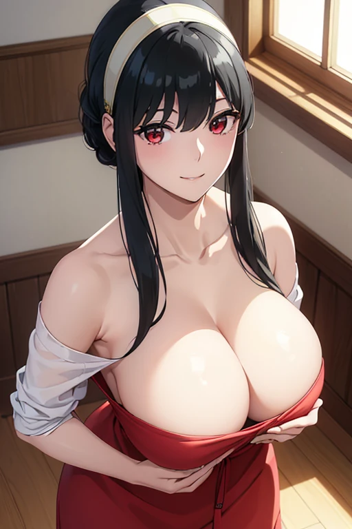 ((Highest quality、Best image quality、Ultra-high resolution、Ultra-high resolutionで描画、alone、Look closely at the camera、Bright red eyes、Very beautiful adult woman、非常に精細なBeautiful Face、very fine and beautiful eyes、Innocence、Beautiful gesture、disappointing、シンメトリーのBeautiful Face))、1 Girl、Realistic、Written boundary depth、Natural soft light、Daytime、charm、Beautiful Face、Cleanliness、Pure Face、Shiny skin、Black Hair、Beach、Light of the sun、Center of chest、Ezvian Everywhere、((Red sweater、Roll up your sleeves and stick your arms out、high school girl、Golden RatioのBeautiful Face、Golden Ratio、very beautiful big breasts、Beautiful and very large breasts、I opened my chest、Show to the audience、Expose your hips、Expose your shoulders、Lean forward to show your breasts))、Long neck、Listen carefully、Neat long hair with bangs、Perfect Fingers、Perfect hands、Perfect body、Perfect Face、Shine a light into your eyes、Perfect Anatomy、Tall Supermodels、Long-legged supermodel、Long neck、Broad shoulders、stand、Bust seen from slightly above、Bright windowsill background、Smile at the audience、Laughter、smile、Today is a very big、Beautiful Teeth、Beautiful Teeth alignment、Open your chest wide、Beautiful neckline、Very beautiful and sexy woman in revealing clothes、Keep an eye on your audience、Look up at the viewer slightly above、Look up a little、Shadow Fade、Tilt your head、White hair band、Off the shoulder、Cleavage