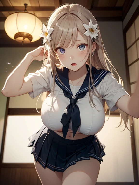 (8k, RAW photo, best quality, masterpiece, soft cinematic lighting, soft color:1.4),(POV,from above:-0.0),(from below,ceiling:-0.0),( looking at camera:1.5),(beautiful eyes focus,Close-up beautiful eyes:1.5), (realistic:1.2), (dark old japanese room,yukaku,flower picture background:1.6), (solo, woman,19years old,super beautiful face,super detaild beautiful eyes :1.5), (sailor uniform,low-cut miniskirt:1.3),(show off nipple (embarrassed,red Cheeks:1.25),long hair, {{slicked back hair}}, white blonde color hair, clean skin, (smaller butt:0.5),(cd nipple:0.8),(saguge long wide heavy breasts,puffy areola:1der boob), (thurvy:1.3),(very ski1.5),(dynamic pose:1.7),(open mouth:1.1),(kneeling:-0.0),