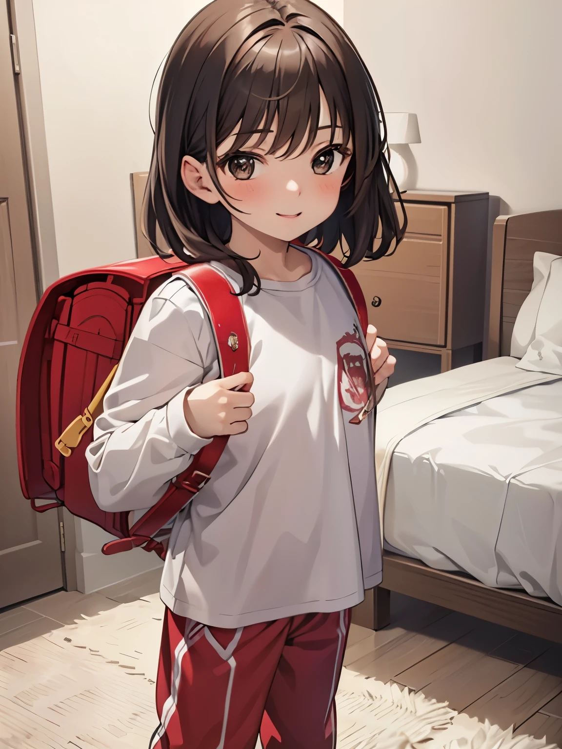 masterpiece, best quality, high resolution, extremely detailed, detailed background, cinematic lighting, 1girl, looking at viewer1 girl, brown hair, brown eyes, smile, wear pajamas,pajamas trouser, bedroom, indoor, standing,wearing red backpack, (red backpack:1.2)