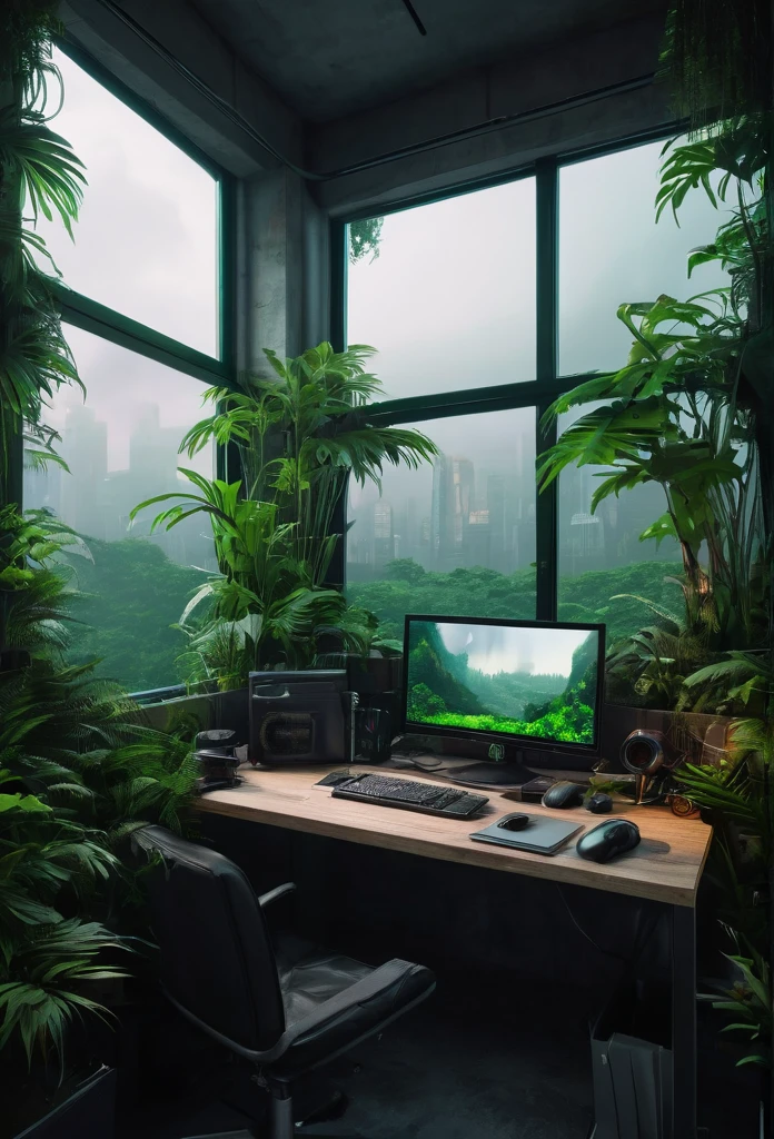 there is a desk with a computer and a monitor on it, cyberpunk setting, foggy jungle in the background, realistic matte painting, ultrarealistic matte painting, chill time. good view, hyperrealistic matte painting, magical environment, cozy place, lush foliage cyberpunk, the city is full of green plants, a beuatiful matte painting, home office, in a foggy office