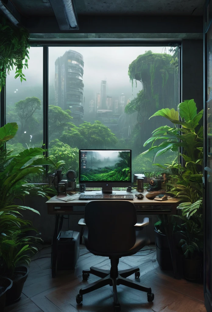 there is a desk with a computer and a monitor on it, cyberpunk setting, foggy jungle in the background, realistic matte painting, ultrarealistic matte painting, chill time. good view, hyperrealistic matte painting, magical environment, cozy place, lush foliage cyberpunk, the city is full of green plants, a beuatiful matte painting, home office, in a foggy office