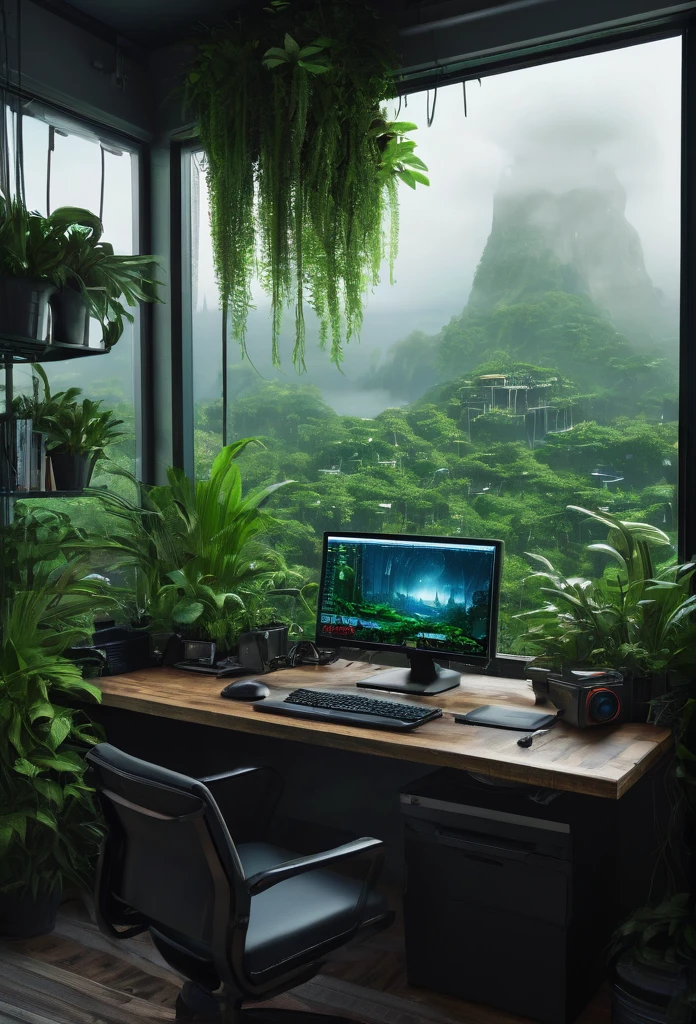 there is a desk with a computer and a monitor on it, cyberpunk setting, foggy jungle in the background, realistic matte painting, ultrarealistic matte painting, chill time. good view, hyperrealistic matte painting, magical environment, cozy place, lush foliage cyberpunk, the city is full of green plants, a beuatiful matte painting, home office, in a foggy office