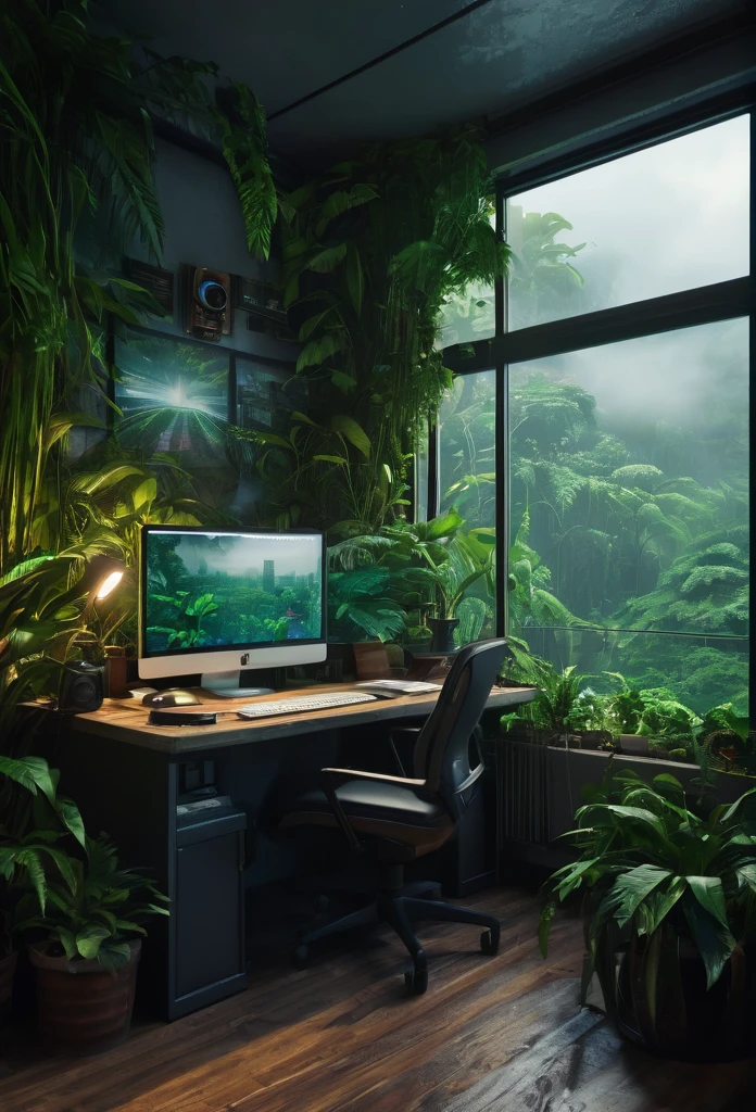there is a desk with a computer and a monitor on it, cyberpunk setting, foggy jungle in the background, realistic matte painting, ultrarealistic matte painting, chill time. good view, hyperrealistic matte painting, magical environment, cozy place, lush foliage cyberpunk, the city is full of green plants, a beuatiful matte painting, home office, in a foggy office