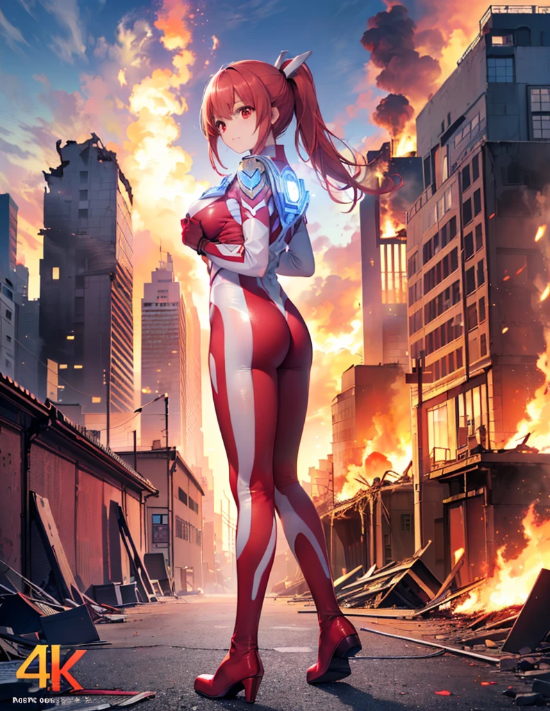 Realistic,Highest quality, Ultra Detail, High-quality CG rendering, The most delicate and beautiful, Floating softly, High resolution, (1 giant girl), (Highest quality,4K,8K,masterpiece:1.2),(All red hair:1.5), (ponytail:1.5),(Red eyes:1.5), (Ultra Girl:1.0), (Red Ultraman bodysuit:1.4),(Do not expose your skin:1.4),(Slightly larger breasts:1.5),(Place your hands in front of your chest:1.3),(Red gloves:1.3),(Red Shoes:1.3),(whole body:1.3),(Are standing:1.3),(A city engulfed in flames:1.3),(Buildings in flames:1.3),(Burning Ruins:1.3),(Fighting Pose:1.3),(Put your right hand forward:1.3),(Turn your back to your audience:1.3),Butt