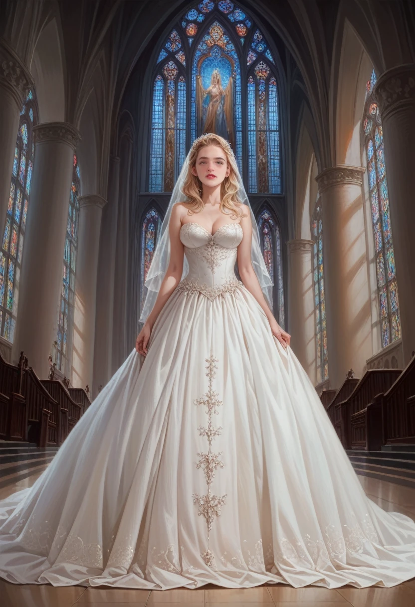 close uphyperrealistic art cinematic film still lower angle photography in the style of detailed hyperrealism photoshoot . (beautiful wedding dress walking towards down aisle) Extremely high-resolution details, photographic, realism pushed to extreme, fine texture, incredibly, very tall blonde woman in cathedral
