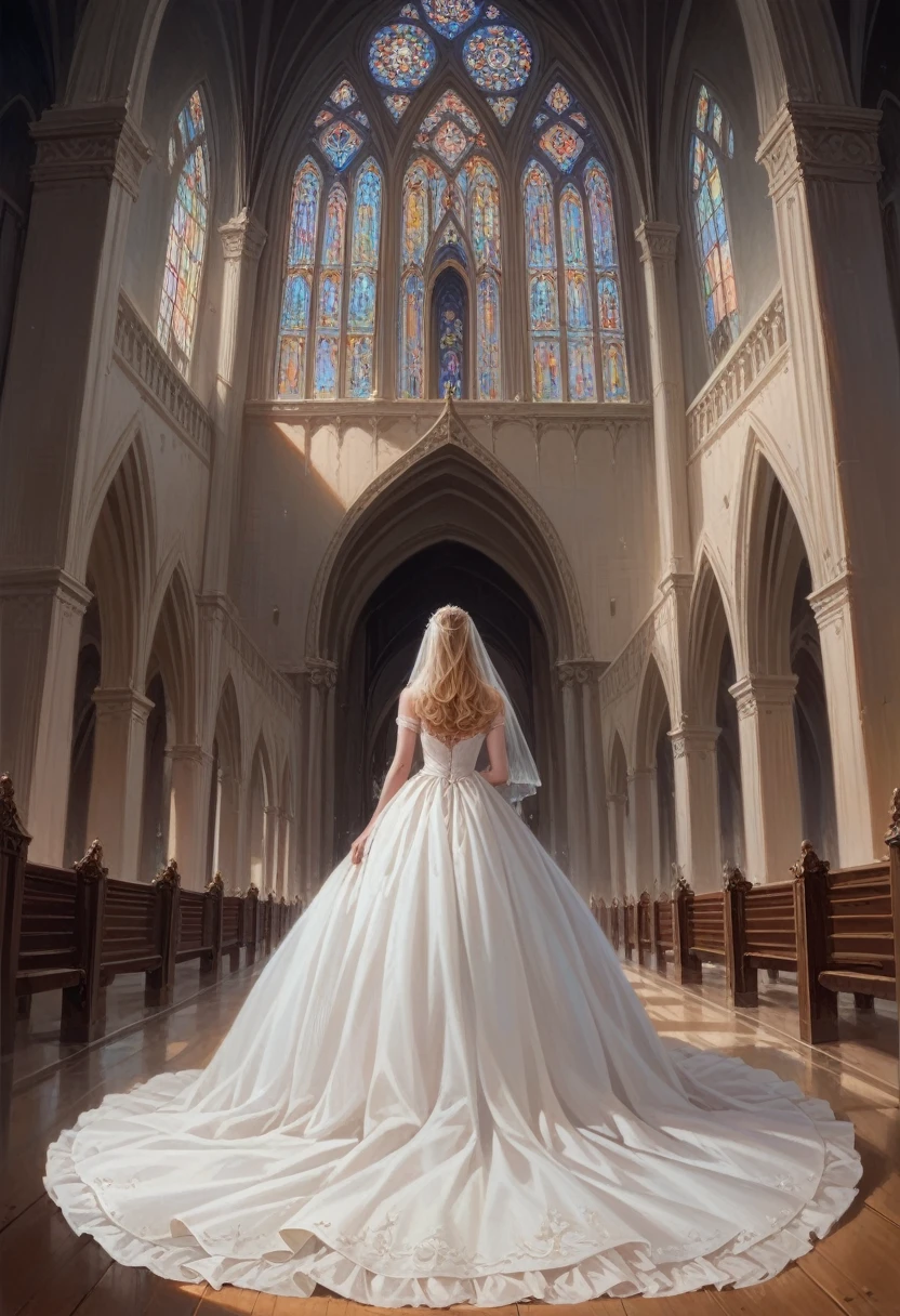 close uphyperrealistic art cinematic film still lower angle photography in the style of detailed hyperrealism photoshoot . (beautiful wedding dress walking towards down aisle) Extremely high-resolution details, photographic, realism pushed to extreme, fine texture, incredibly, very tall blonde woman in cathedral