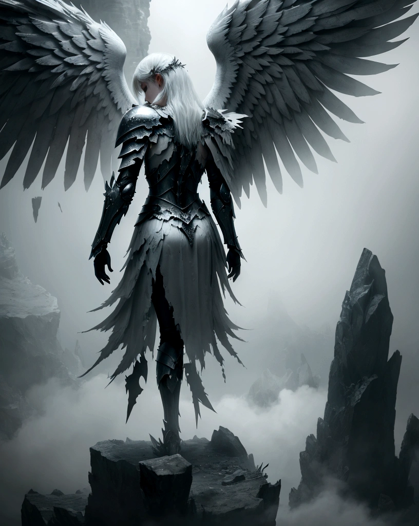 a broken wings angel (broken wings 1.2)kneel down, ethereal, fog surrounded, broken armor(accurate 1.2), broken sword, dark dimension, photo cinematic, motion blur, 8k, superdetailed
