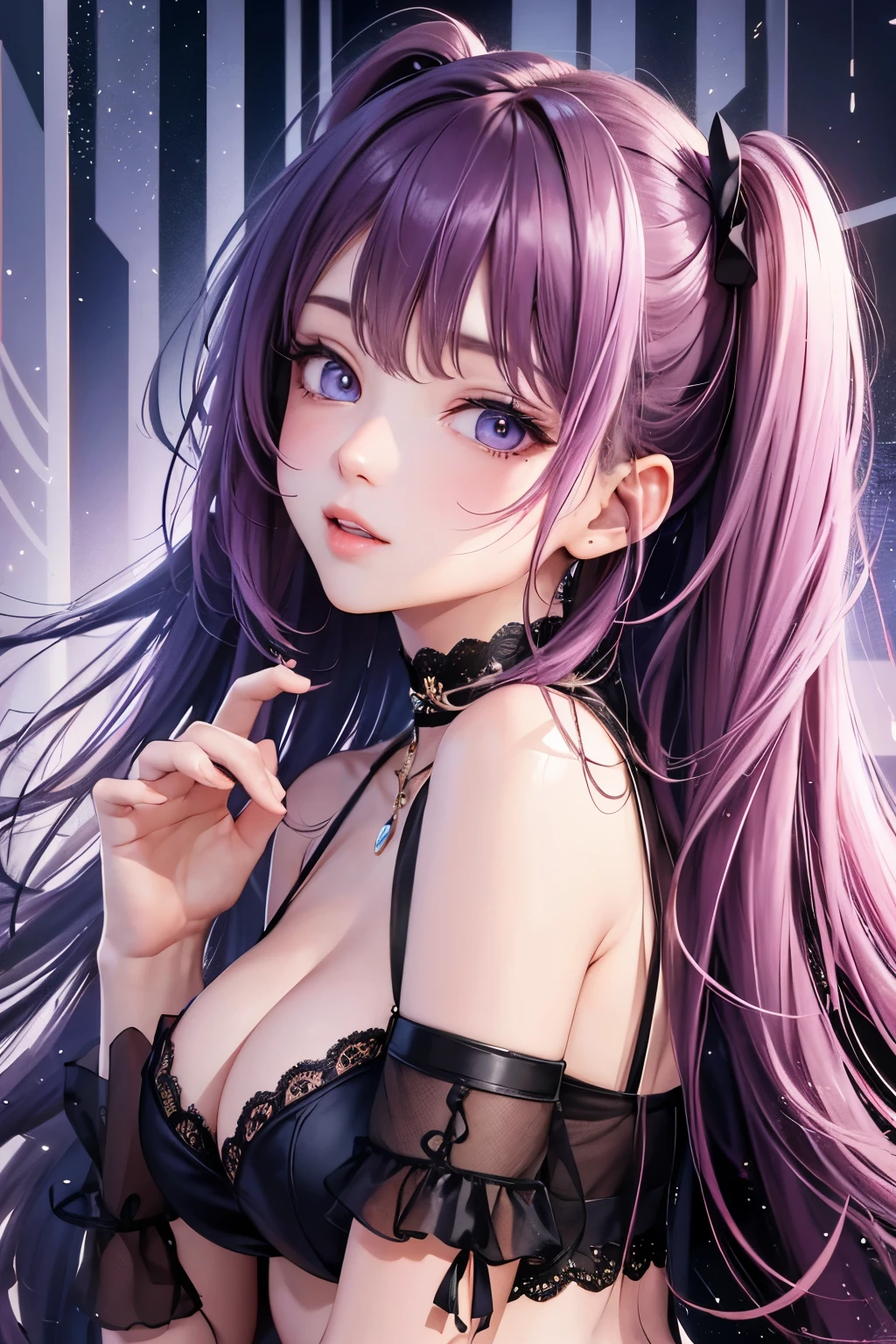 masterpiece, best quality, highly detailed, high resolution, expensive resolution, high resolution, 4K, 8k, Unity 8k wallpaper, highly detailed CG, masterpiece, 2D, 3D, beautiful details, depth, fine texture, best quality: 1.3, perfect focus, crispy skin, him, very cute, one 20-something girl, before a date with him, enjoying fashion, short twin tails, mole under eye, looking at the viewer, expensive, blush, mole, parted lips, heart, pink eyes, choker