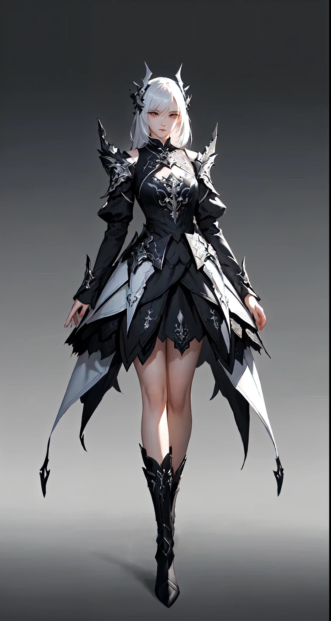 Picture of a woman wearing black and white clothes, author：Yang J, Stunning character art, Beautiful full body concept art, Stunning 8K character concept art, Light black armor, Fantasy Costume, dark fantasy character design, Interesting character design, Kushat Krenz Key Women in Art, great character design, From Arknights, Highly detailed character designs