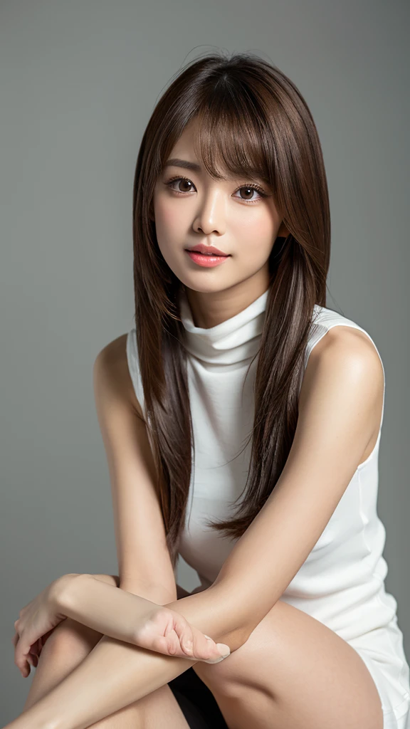 (Detailed face),((between legs)),Normal chest,cute,Sleeveless and(turtleneck)White silky clothes,4K,Ultra-high resolution,(Photorealistic:1.7),Gray background,Long Hair,