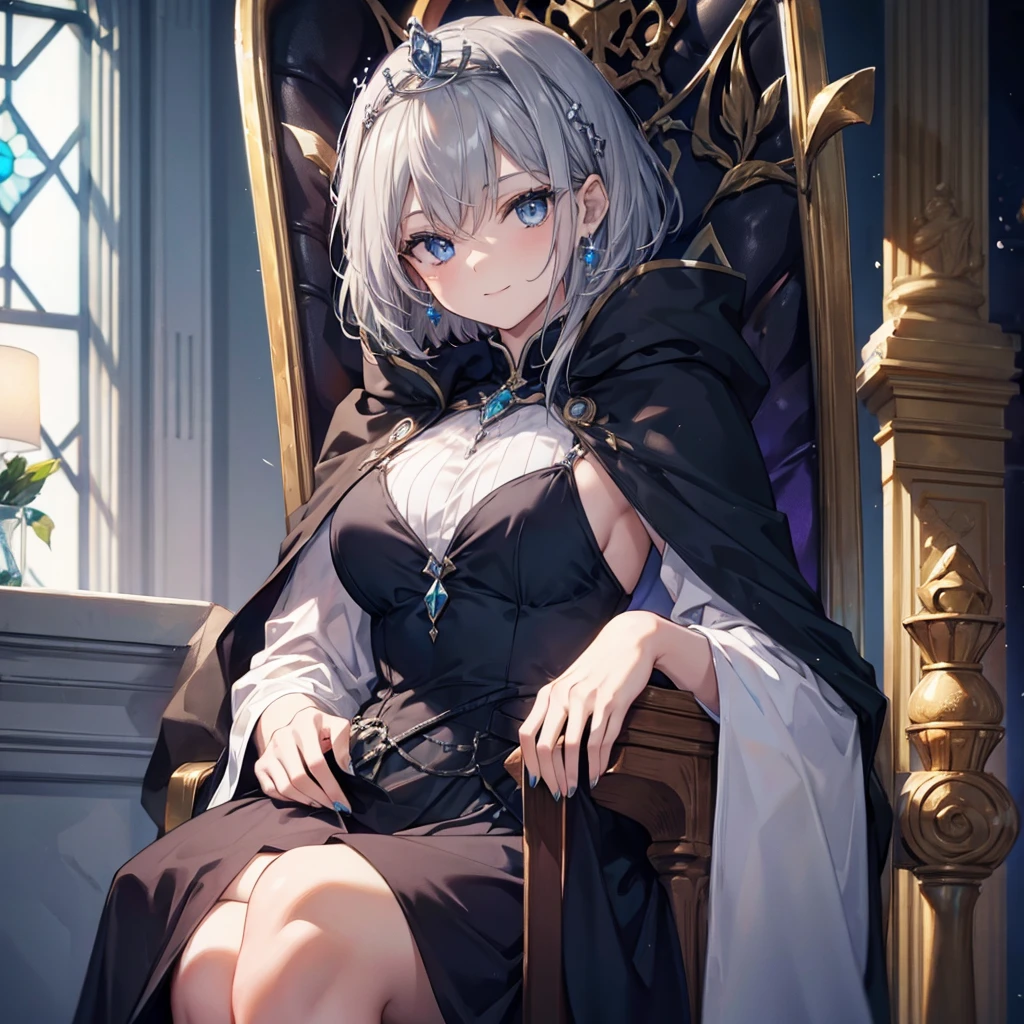 ((((Queen　Sitting on the throne))))　(((Gray Hair　short hair　blue eyes　woman　Center close-up)))，((Stained glass　tiara　Rest your elbows))，(Black Dress　Wearing a cloak)，smile　Showing teeth　Shining Background　Shining Edges