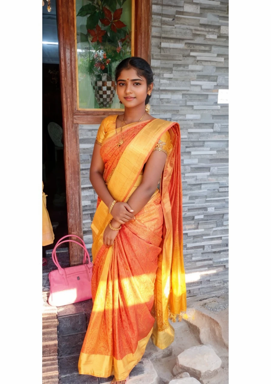 intricate detailing, excellent CGI, HDR, ultra realistic, hyper realistic, extremely beautiful 18 year old Tamil girl, slight smile, detailed face eyes, eyes symmetry, face symmetry, sleeveless golden copper choli, long skirt, standing near a hut inside a dark dense forest at night, bare midriff, round deep navel, jaw-dropping beauty, heavenly beauty, mind blowing beauty