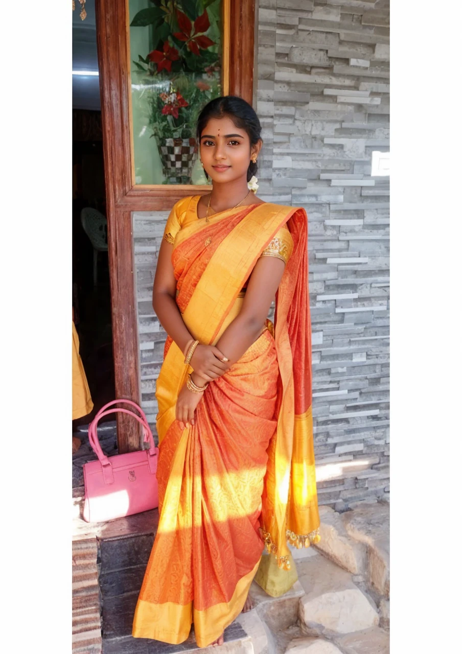intricate detailing, excellent CGI, HDR, ultra realistic, hyper realistic, extremely beautiful 18 year old Tamil girl, slight smile, detailed face eyes, eyes symmetry, face symmetry, sleeveless golden copper choli, long skirt, standing near a hut inside a dark dense forest at night, bare midriff, round deep navel, jaw-dropping beauty, heavenly beauty, mind blowing beauty
