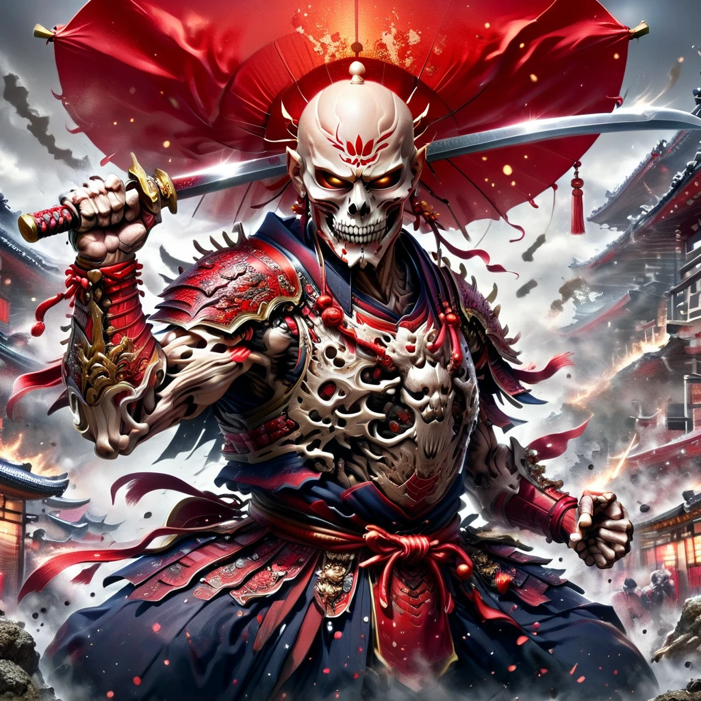 Create ultra-detailed 4K digital images, depicting a skeletal warrior in a red samurai costume.. The drawing should show a determined portrait of a warrior at street level.. Lighting should be dynamic., highlighting complex character details. The overall style should resemble a splash with process colors and deep color tones.. The work should be done in a storybook style and muted colors.. A warrior must have no hair. Please, Recommend the best camera model and lens for shooting art..